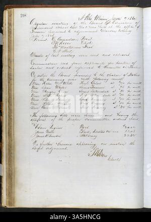 Von 1865 bis 1899 nahm das St. Peter School Board ihre Sitzungen in diesem Buch auf und gab Details zu Personal, Schulbau und Finanzaufzeichnungen an. Das Hauptbuch enthält Verweise auf drei Gouverneure von Minnesota. Stockfoto