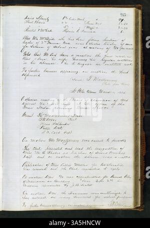 Das St. Peter School Board führte von 1865 bis 1899 Sitzungsprotokolle durch, in denen das Bildungspersonal, die Schulkosten und die Planung dokumentiert wurden. Dieses Buch enthält Aufzeichnungen von drei Gouverneuren von Minnesota. Stockfoto