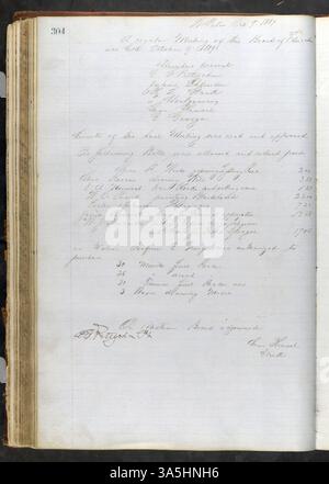 Von 1865 bis 1899 führte das St. Peter School Board in diesem Buch Protokolle, die Einblicke in Bildung, Personalbesetzung und Schulinfrastrukturplanung bieten. Im Hauptbuch werden auch drei Gouverneure von Minnesota erwähnt. Die Nicollet County Historical Society führt das Hauptbuch und andere bis 1944. Stockfoto