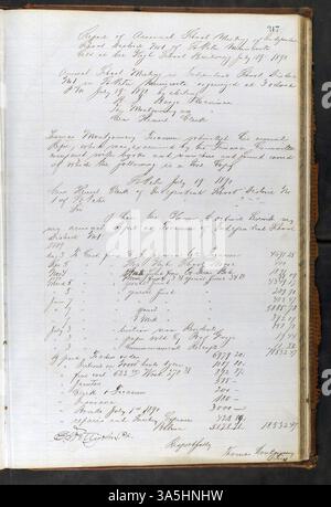 Diese historische Sammlung von Protokollen des St. Peter School Board, die von 1865 bis 1899 reichen, enthält detaillierte Aufzeichnungen über das Schulsystem in St. Peter, Minnesota. Im Buch werden die Termine von Lehrern und Administratoren, die Schulkosten und die Planung neuer Schulgebäude aufgeführt. Drei zukünftige Gouverneure von Minnesota – Henry A. Swift, Horace Austin und Andrew R. McGill – werden im Hauptbuch erwähnt. Stockfoto