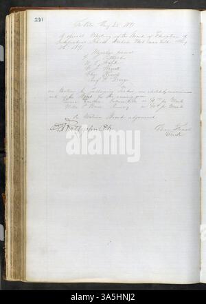 Die Protokolle des St. Peter School Board von 1865 bis 1899 dokumentieren Personal, finanzielle Angelegenheiten und Bauarbeiten im Zusammenhang mit dem St. Peter Schulsystem. Die Gouverneure Swift, Austin und McGill sind ebenfalls im Hauptbuch vermerkt. Stockfoto