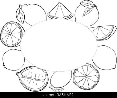 Zitronenfrüchte und Scheiben, ovaler Rahmen, handgezeichnetes Design. Grafischer Vektorstrich Tinte Schwarz-weiß-Illustration. Design, Paket, Broschürenillustration, pac Stock Vektor