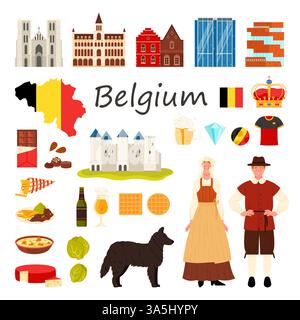 Reise nach Belgien Set. Menschen in nationalen Trachten und Gebäuden von Brüssel, belgische Karte und Flagge, Waffeln und Schokolade, mittelalterliche Burg Gravensteen und Kathedrale Cartoon Vektor Illustration Stock Vektor
