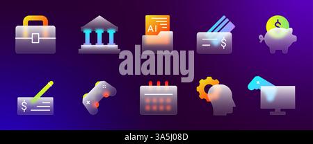 Symbole für 3D-Geld. Glas-UI-Symbole. Webbrowser-Logo. Computerspiel-Joystick. Bank- und Unternehmenstechnologie. Kalenderplaner. Morphismus transparente Gradienten-App-Zeichen. Piktogramme für Vektorschnittstelle eingestellt Stock Vektor