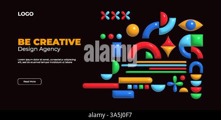 3D-Poster. Abstrakte Figurengeometrie, grafisches memphis- oder brutalistisches Dreiecksdesign. Kreatives visuelles Cover, Poster mit visuellem Brutalismus. Vorlage für Web-Banner-Landing-Page. Geometrische einfache Vektorelemente Stock Vektor