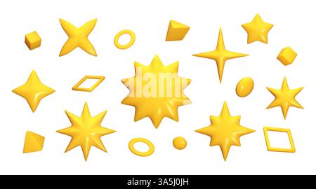 3D-Sternsymbole. Party-Glanz-Rendering, festliche gelbe oder goldene Plastik-Sternenstaub-Konfetti, hell oder hell. Weihnachtsschmuck. Verschiedene geometrische Figuren. Hochglanz isolierte Dekoration Vektor-Objekte Set Stock Vektor
