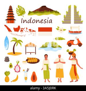 Reise nach Indonesien Set. Kulturelemente und Inselsymbole, Indonesien in traditionellen ethnischen Kostümen mit Obstkorb, Gunung Batur und Candi Bentar Comic Vektor Illustration Stock Vektor