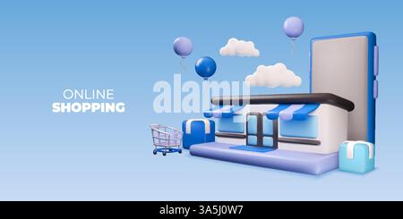 3D-Shop. Telefonspeicher. Geschenkbanner für Supermärkte mit Marktwagen und Paketbox. Web-Konzept der Liefer- oder Verkaufsplattform. Smartphone-App. Einzelhandelsservice. Boutique-Storefront. Hintergrund der Vektor-Website Stock Vektor