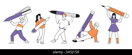 Person hält Stift. People Editor, Schriftsteller mit Bleistift, Brief für Mann Autor Charakter oder Journalist. Kreativer Kugelschreiber. Winzige Männer und Frauen mit einem riesigen Schreibwarenelement. Vektor Flat Cartoon isolierter Satz Stock Vektor