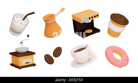 3D-Kaffee. Café-Getränk, Speisen realistische Charaktere wie Latte-Tasse, Turk und Maschine für die Zubereitung von Getränken. Take-away-Glas, Frühstück Donut. Espresso- und Cappuccino-Symbole. Vektorrendern isolierte Sammlung Stock Vektor