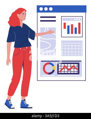 Business-Infografik. Projektdiagramm. Präsentation im Büro. Unternehmensstrategie. Kreative Frau, die im Browser-Frame erscheint. Finanzwachstum. Diagramm zur Analyse der Kapitalerträge. Vektorkonzept Stock Vektor