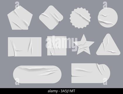 Stickermodell. Papier zerknitterte Textur, kreisrundes Etikett oder weiße Sternform. 3D-leere PNG, kreisförmiges Patch oder Tag-Logo. Verschiedene geometrische Formen, klebende leere Seite. Vektorsymbole isolierter Satz Stock Vektor