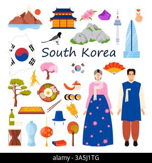 Infografik „Reise nach Südkorea“ mit Titel. Koreanischer Mann und Frau in traditioneller Kleidung, Architektur von Seoul und Essen, Berglandschaft und Natur, Flagge und Karte Cartoon Vektor Illustration Stock Vektor