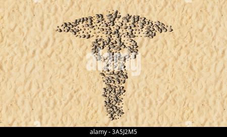 Konzept konzeptionelle Steine auf Strand Sand handgemachte Symbolform, goldener Sandhintergrund, Caduceus medizinisches Symbol. Metapher der 3D-Illustration Stockfoto