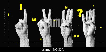 Illustration mit Rastereffekt von vier Händen, die verschiedene Fingergesten im Vintage Pop Art Style zeigen Stock Vektor