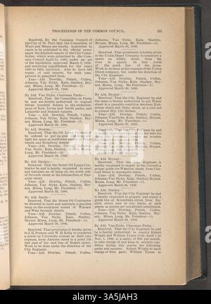 Dieses offizielle Protokoll aus dem Jahr 1886 stellt die Arbeiten des Gemeinderats von Saint Paul dar und dokumentiert die Beschlüsse und gesetzgeberischen Maßnahmen des gemeinderates. Stockfoto