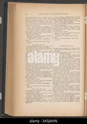 Die Beratungen des Gemeinsamen Rates von Saint Paul im Jahr 1886 dokumentieren die gesetzgeberischen Maßnahmen, Politiken und Beschlüsse, die die Regierungsführung der Stadt in diesem Jahr geprägt haben. Stockfoto