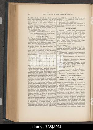 Die Beratungen des Gemeinsamen Rates von Saint Paul aus dem Jahr 1886 bieten eine detaillierte Aufzeichnung der politischen und legislativen Entscheidungen, die die Regierungsführung und das Wachstum der Stadt beeinflussten. Stockfoto