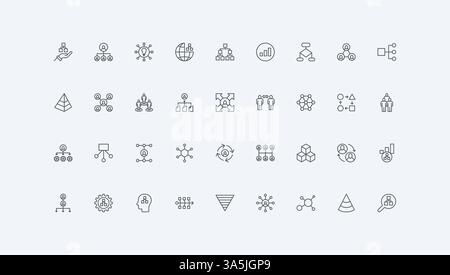 Business Team Organisation dünne schwarze Umrisssymbole Vektorillustration. Hierarchie, Organisationsstruktur der Unternehmensabteilung im Diagramm, Führungszeile und Autoritätszeile Stock Vektor