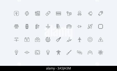 Hochspannungssystem Übertragung, Transformator und Batterie dünne schwarze Umrisssymbole Vektorillustration. Symbolsatz für Stromversorgung und Energiegenerator, Elektriker und Werkzeuglinie Stock Vektor