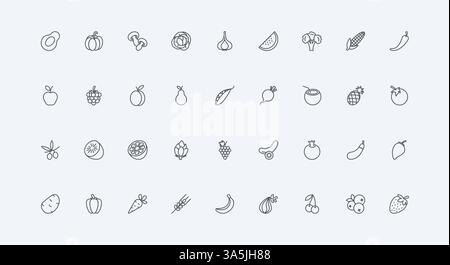 Gesunde frische vegane Lebensmittelprodukte Sammlung mit Avocado Tomate Kürbis Apfel Pfirsich dünne schwarze Umrisssymbole Vektor Illustration. Bauernhof Ernte von Bio-Gemüse und Obst Linie Symbol Set Stock Vektor