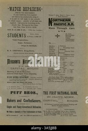 Die Ausgabe der Normalia von der St. Cloud State University vom November 1893 enthält wissenschaftliche Artikel, die von Lehrkräften und Studenten geschrieben wurden und sich auf öffentliche Bildung und Themen wie „Bearing of the Special Sinnes up on the work of the Teacher“ und „Growth of Freedom in History“ konzentrieren. Stockfoto