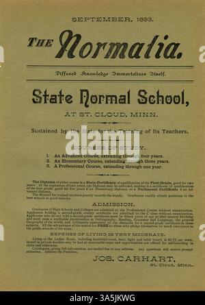Die Ausgabe der Normalia der St. Cloud State University von 1893 enthält Artikel über öffentliche Bildung und bemerkenswerte literarische Werke, darunter eine Analyse von Miltons Comus und Emersons Essay on Behavior. Stockfoto