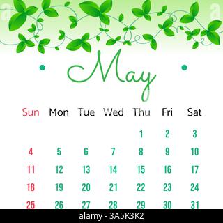 Kalenderblatt Mai 2025 – Illustration. Kalenderseite für Mai 2025 mit süßen Frühlingsgrünen Blättern. Die Woche beginnt am Sonntag. Vektor-Illustration Cartoon Str. Stock Vektor