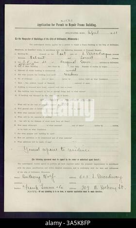 Baugenehmigung für Reparaturen an einem Rahmengebäude in der South Broadway Street 7 und 8, Stillwater. Eigentümer: Anthony Wolf, Baumeister: Frank Linner und Company. Genehmigung erteilt im April 1921. Stockfoto