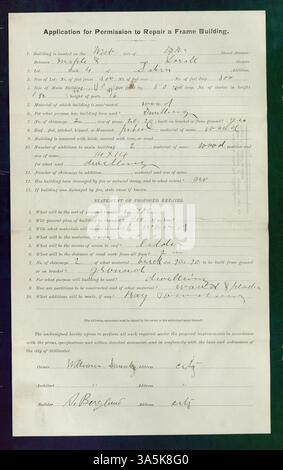 Baugenehmigung für Reparaturen an einem Rahmengebäude auf der Westseite der Fourth Street, Stillwater. Besitzer: William Launtry, Baumeister: Sven Burgland. Genehmigung erteilt am 28. April 1890. Stockfoto