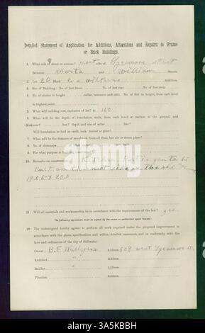 Baugenehmigung für Ergänzungen und Reparaturen an einem Rahmen- oder Ziegelgebäude an der Sycamore Street, Stillwater, Minnesota. Besitzer und Baumeister: B. F. Walgreen. Genehmigung erteilt am 12. Mai 1901. Stockfoto