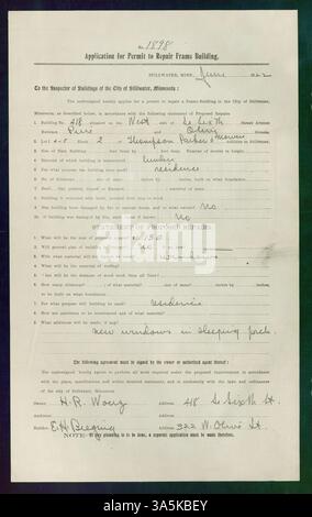 Baugenehmigung Nr. 1898, erteilt am 28. Juni 1922 für Reparaturen an einem Rahmengebäude an der South Sixth Street, Stillwater. Die Genehmigung wurde H.R. Wonz mit dem Baumeister E.H. Bieging erteilt. Stockfoto