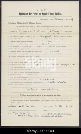 Baugenehmigung für Reparaturen an einem Rahmengebäude an der 230 South Fourth Street, Stillwater. Die Genehmigung wurde Mrs. Charles S. Lincoln ausgestellt und von Frank W. Linner and Company ausgeführt. Genehmigung erteilt am 14. Mai 1929. Stockfoto