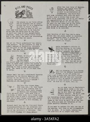 Die 44. Ausgabe von „Threadbenders“, die im April 1975 veröffentlicht wurde, enthält Updates über das jährliche Geschäftstreffen der Gilde, die Frühjahrsbusfahrt und einen Workshop über nicht-traditionelle Webtechniken. Es berichtet auch über frühere Zunftveranstaltungen, wie die Ausstellung in der American National Bank und die Geburtstagsfeier. Stockfoto