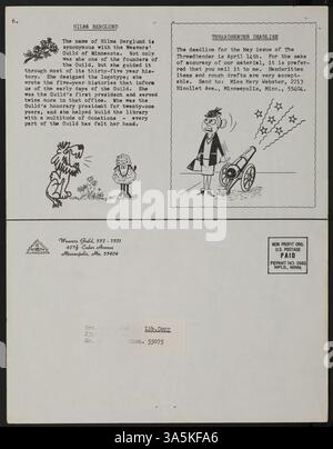 Die 44. Ausgabe des „Threadbender“-Newsletters, veröffentlicht im April 1975, beschreibt die bevorstehenden Veranstaltungen der Weavers Guild of Minnesota, einschließlich des jährlichen Geschäftstreffens, einer Frühjahrsbusfahrt zur White Bear Area Vocational School und eines Workshops über nicht-traditionelle Webtechniken. Die Ausgabe enthält auch Berichte über frühere Gildenausstellungen und die Geburtstagsfeier der Gilde. Stockfoto