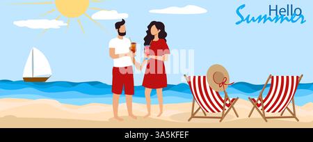 Ein Paar steht im Sommer an einem Sandstrand, hält Getränke und lächelt einander an. Farbenfrohe Liegestühle und ein Segelboot sind im Stock Vektor