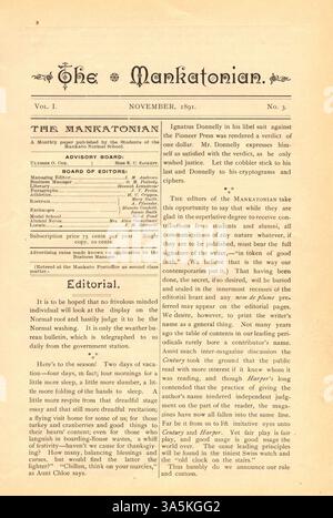 Das Mankatonian Magazin, das von 1891 bis 1913 von den Schülern der Mankato State Normal School veröffentlicht wurde, enthielt Inhalte wie Schulnachrichten, Artikel, Poesie und lokale Geschäftsanzeigen. Stockfoto