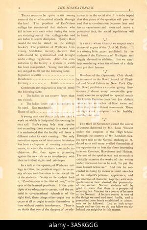 Das Mankatonian wurde von 1891 bis 1913 veröffentlicht und widmete sich einer Vielzahl von Themen, vom Studentenleben und Aktivitäten bis hin zu lokalen Werbeanzeigen, die die akademische und soziale Atmosphäre an der Mankato State Normal School widerspiegeln. Stockfoto