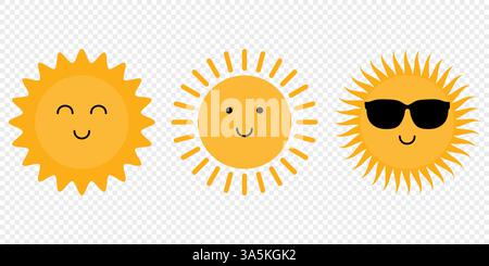 Niedliche Sonne. Sonnenschein und sonniger Emoji-Vektor Stock Vektor