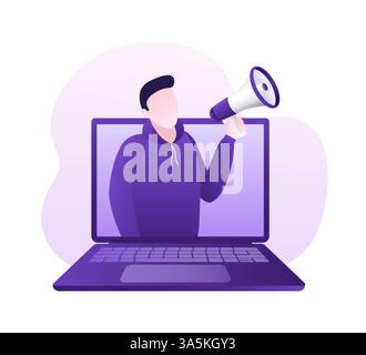 Mann mit Megaphon im Retro-Stil auf gelbem Hintergrund. Mann mit Megaphon, tolles Design für jeden Zweck. Vektorabbildung. Stock Vektor