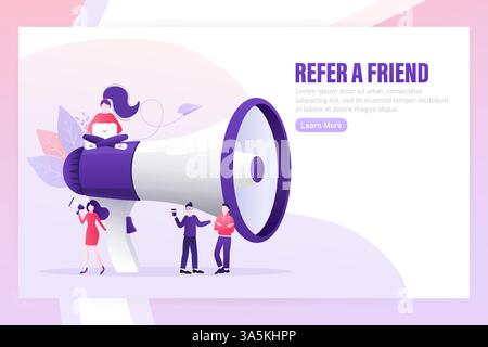 Flaches Symbol mit Megaphon, die Leute empfehlen einen Freund. Poster, Banner. Abbildung des flachen isometrischen Vektors. 3D-Vektordarstellung. Stock Vektor