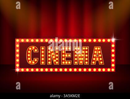 Realistisches Retro-Werbebanner mit Kinolicht auf gelbem Hintergrund. Zahlenschriftart. 3D-Vektor. Realistischer Vektor. Lichtbanner. Stock Vektor