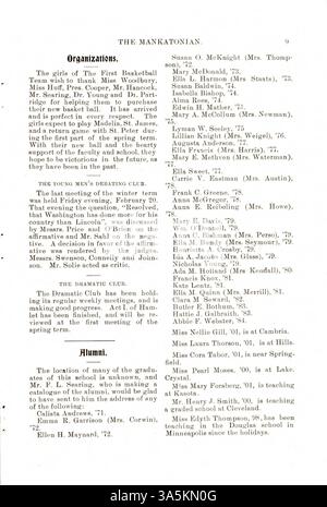 Diese Ausgabe des Mankatonian von der Mankato State Normal School enthält eine Reihe von Schüleraktivitäten, gesellschaftlichen Veranstaltungen, Gedichten und Anzeigen von lokalen Unternehmen. Sie wurde zwischen 1891 und 1913 veröffentlicht. Stockfoto
