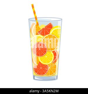 Hohes Glas gefüllt mit einem erfrischenden Sommergetränk, verziert mit lebhaften Zitrusfrüchtescheiben und einem Strohhalm Stock Vektor