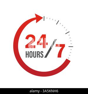24/7 Symbol auf weißem Hintergrund. Pfeilvektorsymbol. Kundendienst. Vektorlogo. Rundes Logo. Stock Vektor