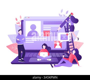 Menschen in sozialen Medien. Illustration für digitales Marketing. Digitale Kommunikation. Bilderrahmen. Social-Media-Leute im Cartoon-Stil. Isometrischer Vektor Stock Vektor