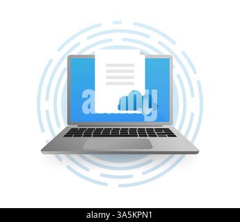 Illustration eines Cloud-Downloadkonzepts auf einem Laptop. App wird aus dem Cloud-Speicher heruntergeladen. Stock Vektor