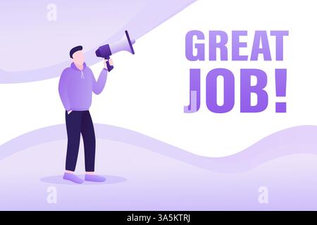 Vorlage mit großem Job Mann, der Megaphon auf weißem Hintergrund für Flyerdesign hält. Vektorabbildung in abgewickelter Form Stock Vektor