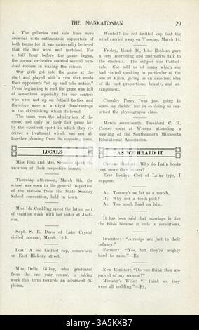 Das Mankatonian, das von Schülern der Mankato State Normal School veröffentlicht wurde, umfasste Schulaktivitäten, Poesie, gesellschaftliche Veranstaltungen und lokale Werbung. Von 1891 bis 1913 wurde es von School Spirit abgelöst. Stockfoto