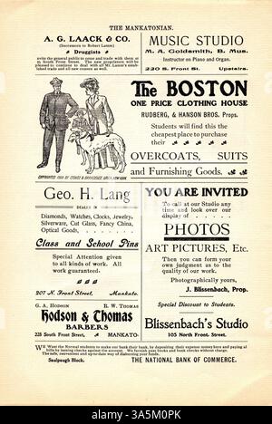 Das Mankatonian Magazin, das von der Mankato State Normal School veröffentlicht wurde, zeigte Poesie, Schulaktivitäten und Werbung von lokalen Unternehmen. Es bot einen Einblick in das Studentenleben von 1891 bis 1913. Stockfoto